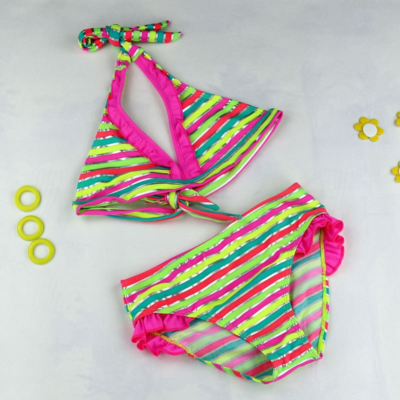 Summer Girls Close-fitting Elastic Stripe Swimsuit Girls Split Two-pieces Swimwear, Children Stripe Bikini Wholesale