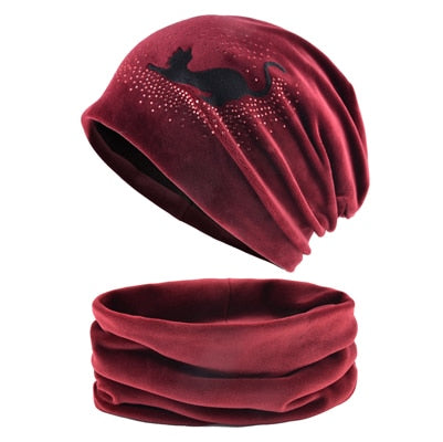 Winter Hat Scarf Sets women's Beanies Knitted wool Skullies Hip Hop cap Rhinestone cat gorros Plus velvet warm hats for women