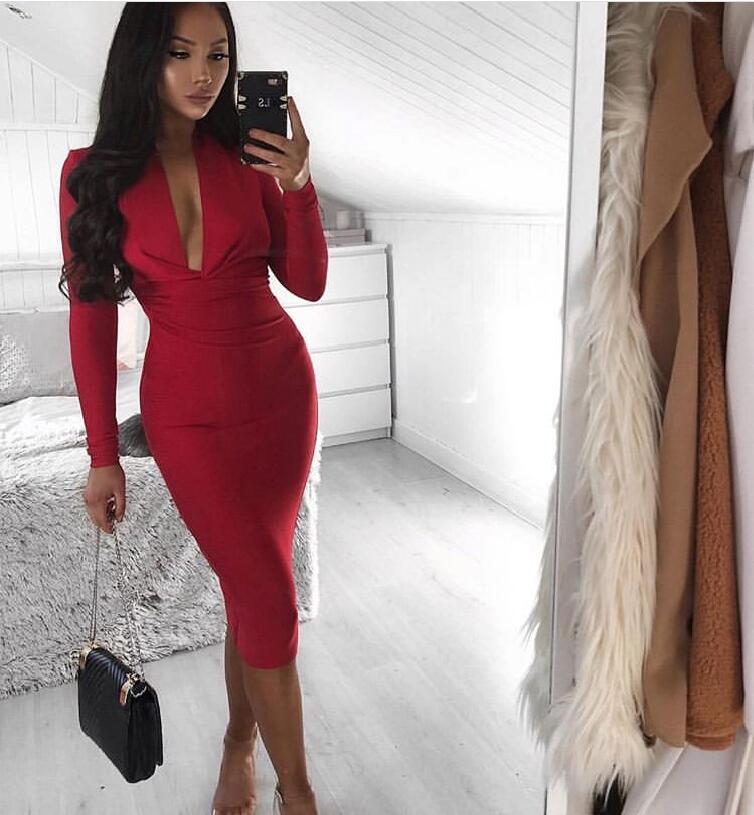 Winter Sexy V Neck Long Sleeve Women Bodycon Bandage Dress 2022 Celebrity Designer Evening Party Dress Vestido