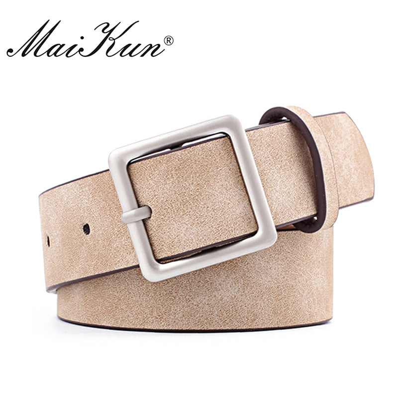 MaiKun Women Leather Belts for Jeans Luxury brand Designer Belts Female Square Metal Pin Buckle Belt