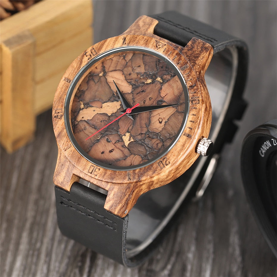 Unique Irregular Pattern Display Wood Watches Quartz Timepiece Men's Genuine Leather Casual Hot Fashion Male Wooden Clock reloj.