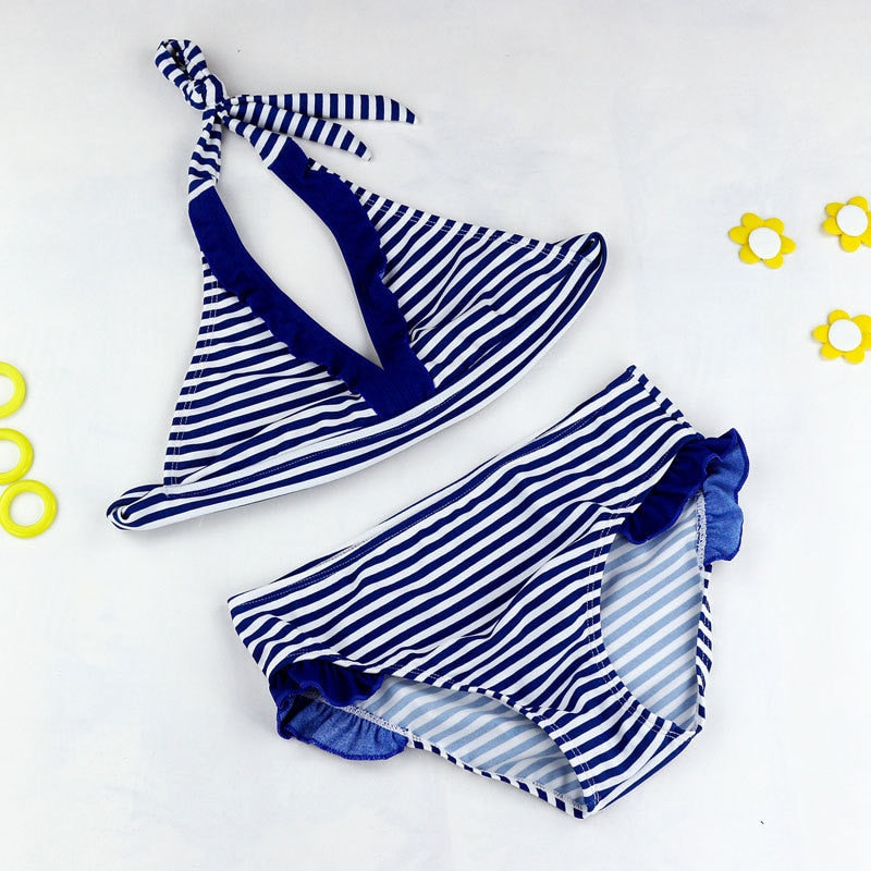 Summer Girls Close-fitting Elastic Stripe Swimsuit Girls Split Two-pieces Swimwear, Children Stripe Bikini Wholesale