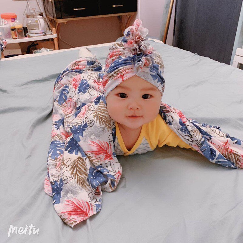 2pcs/set Baby Swaddle Wrap Baby Blankets Newborn Cotton Swaddle Wrap Headband Baby Hat Turban Beanie Newborn Photography Prop