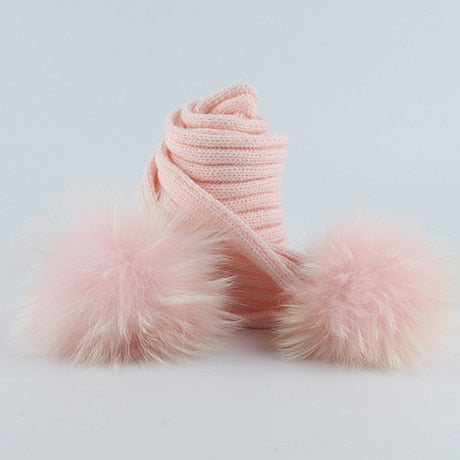 Children Real Natural Fur Pompom Hat Baby Kids Winter Knitted Hat And Scarf Set Boys Girls 4 pieces Pom Pom Beanie Cap