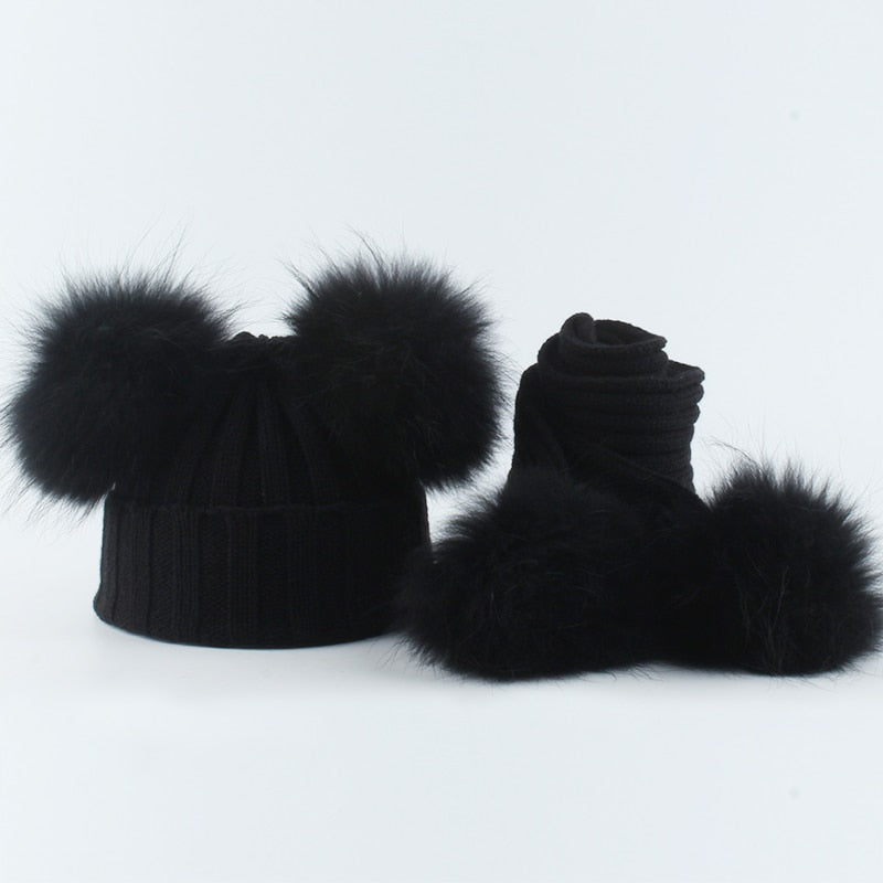 Children Real Natural Fur Pompom Hat Baby Kids Winter Knitted Hat And Scarf Set Boys Girls 4 pieces Pom Pom Beanie Cap