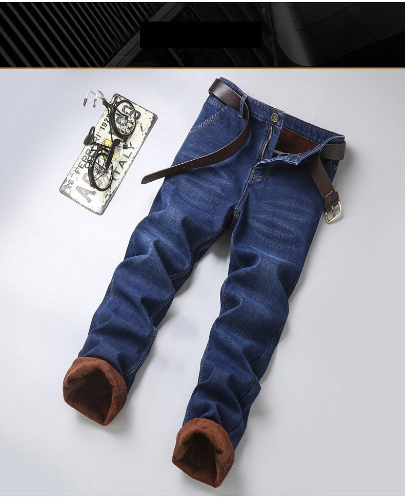 2022 Brand Autumn Winter Warm Flocking Denim Soft  Man Activities Fleece Line Men Jeans Black Blue Grey Colors