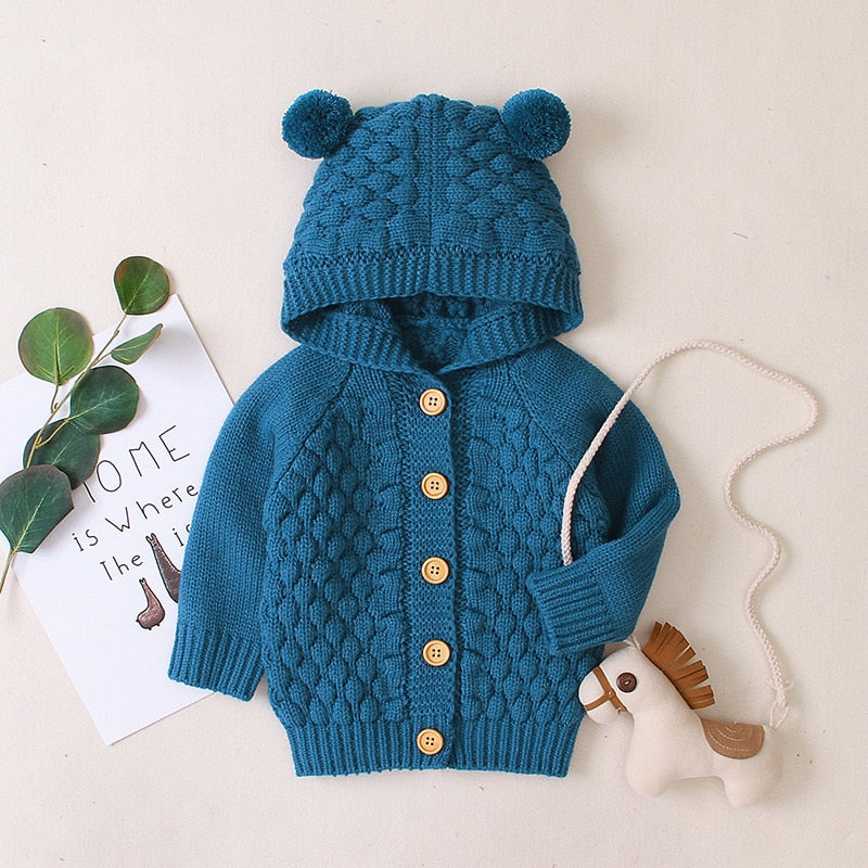 Newborn Infant Baby Girl Boy Cardigan Clothes Winter Jacket Warm Coat Knitted Sweater Hooded Button Outwear