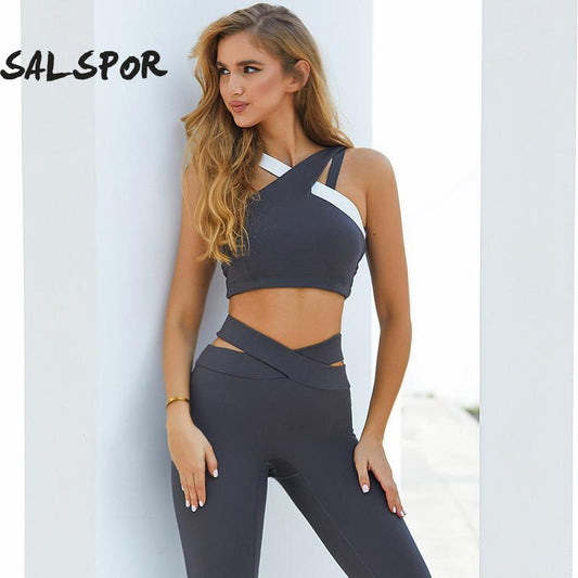 SALSPOR Patchwork Two Piece Suit Women Cross Bra Yoga Set Sexy Leggings Sports Suit Fitness Women Tracksuit Women Gym Clothing