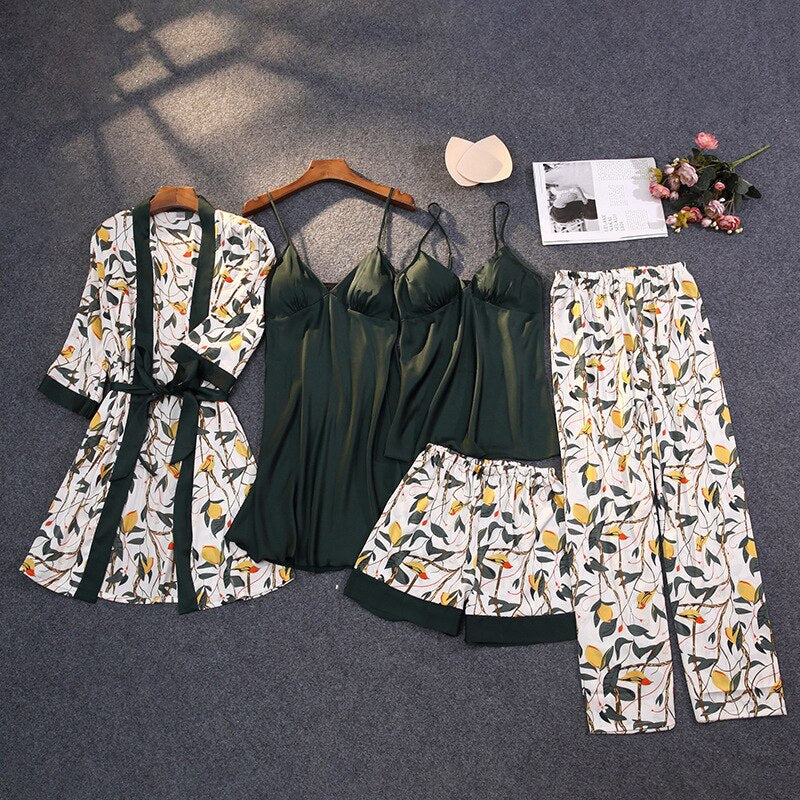 Lisacmvpnel Autumn 5 Pcs Suit Women Pajamas With Chest Pad Printed Fashion Pyjamas