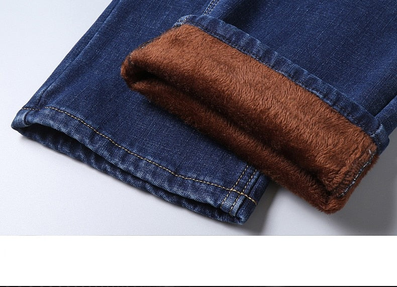 2022 Brand Autumn Winter Warm Flocking Denim Soft  Man Activities Fleece Line Men Jeans Black Blue Grey Colors