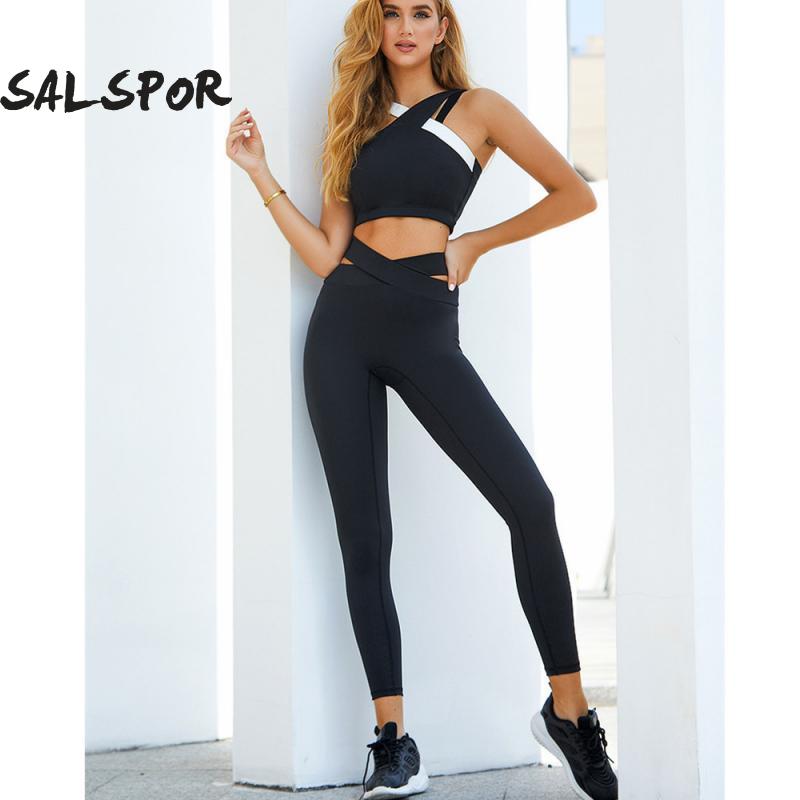 SALSPOR Patchwork Two Piece Suit Women Cross Bra Yoga Set Sexy Leggings Sports Suit Fitness Women Tracksuit Women Gym Clothing