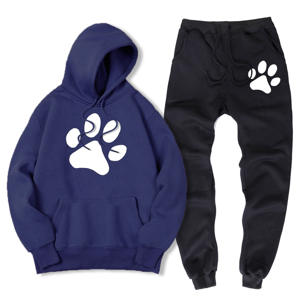 Kawaii Cartoon Dog Paw Print Men Sweatshirt + Sweatpant Winter Warm Fleece 2 Piece Sets Loose Oversize Sportswear Suit Male