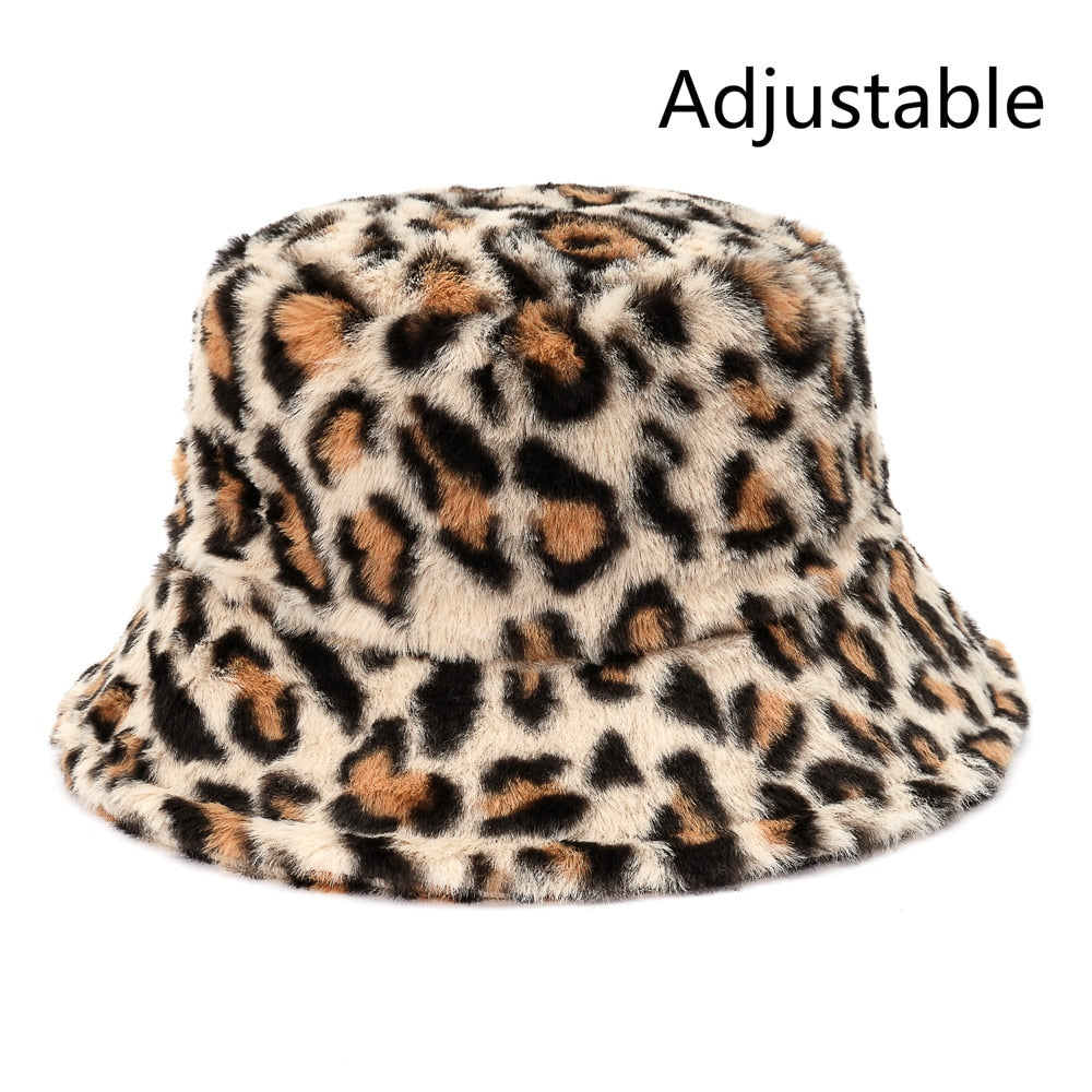 Winter Cow Leopard Faux Fur Fluffy Bucket Hats Women