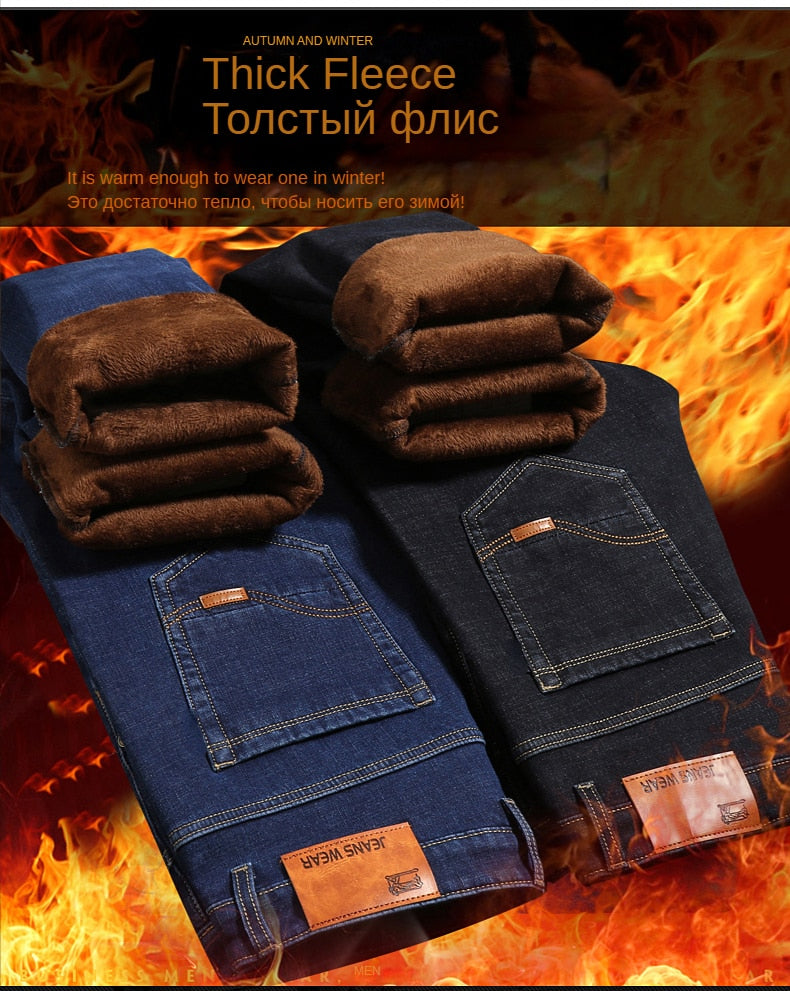 2022 Brand Autumn Winter Warm Flocking Denim Soft  Man Activities Fleece Line Men Jeans Black Blue Grey Colors