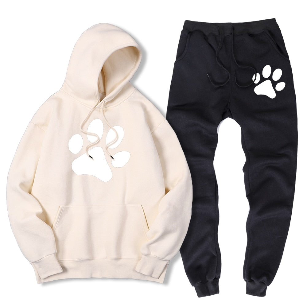 Kawaii Cartoon Dog Paw Print Men Sweatshirt + Sweatpant Winter Warm Fleece 2 Piece Sets Loose Oversize Sportswear Suit Male