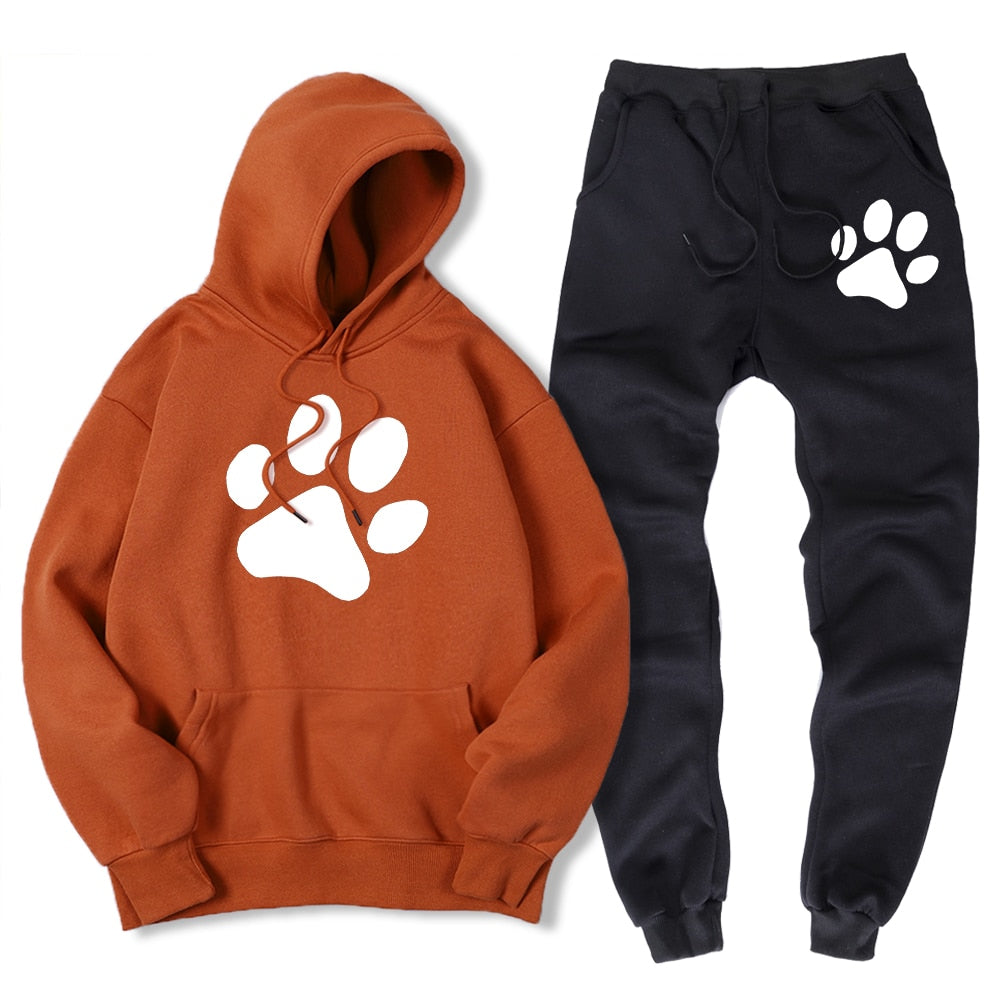 Kawaii Cartoon Dog Paw Print Men Sweatshirt + Sweatpant Winter Warm Fleece 2 Piece Sets Loose Oversize Sportswear Suit Male