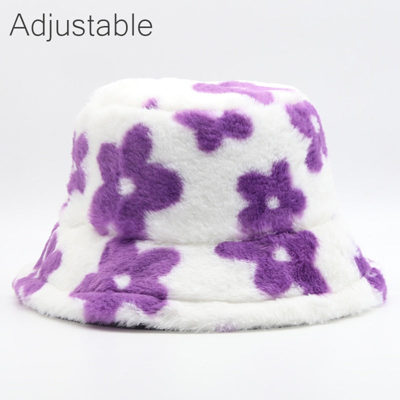 Winter Cow Leopard Faux Fur Fluffy Bucket Hats Women