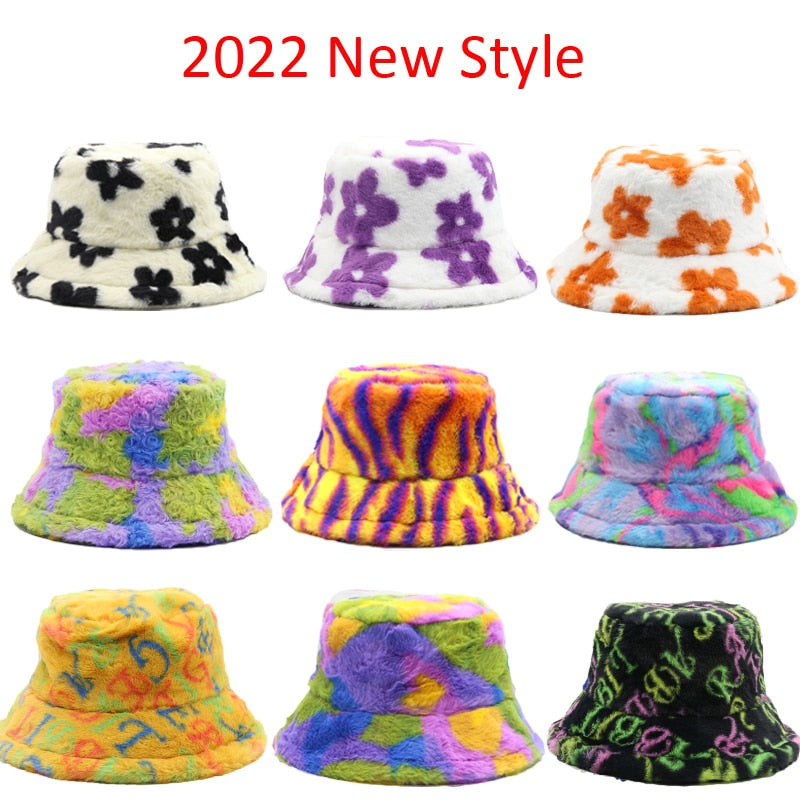 Winter Cow Leopard Faux Fur Fluffy Bucket Hats Women