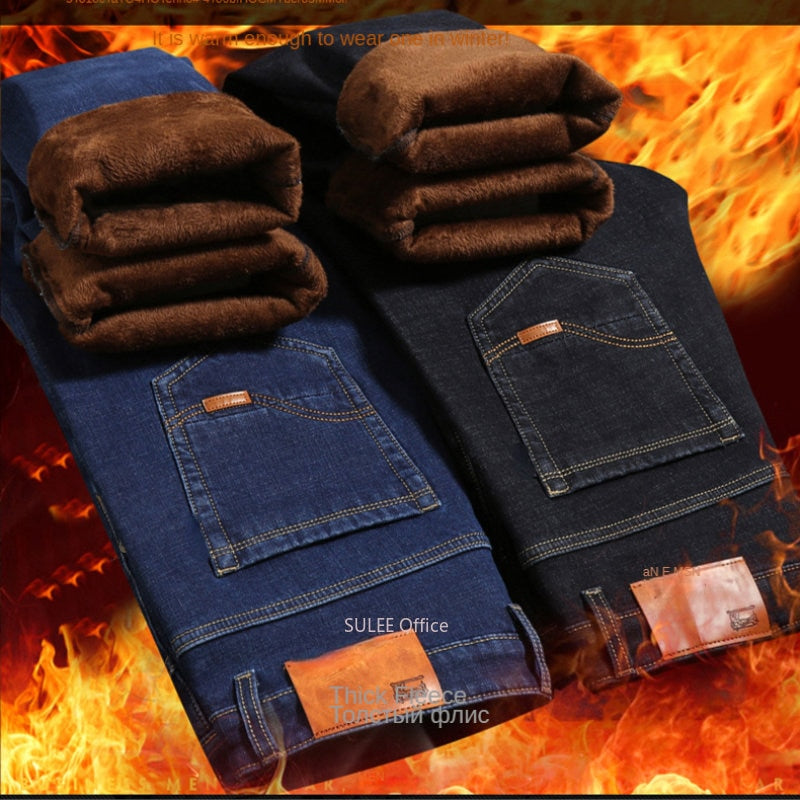 2022 Brand Autumn Winter Warm Flocking Denim Soft  Man Activities Fleece Line Men Jeans Black Blue Grey Colors