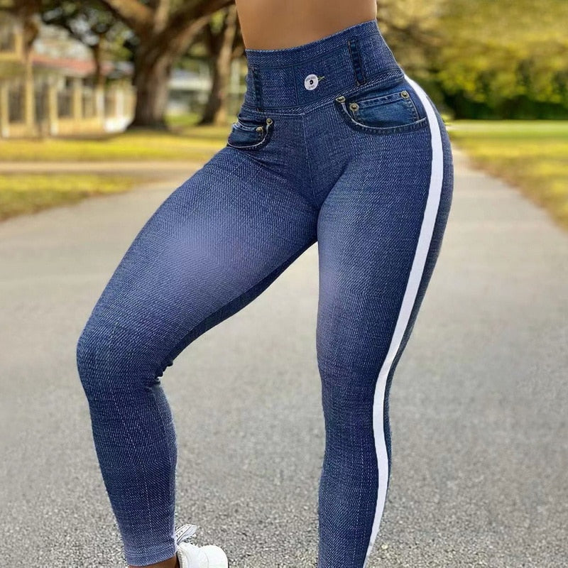 FCCEXIO Denim Print High Waist Leggings Sports Fitness Leggings Tights Running Workout Pants Push Up Sexy Jean Leggings New