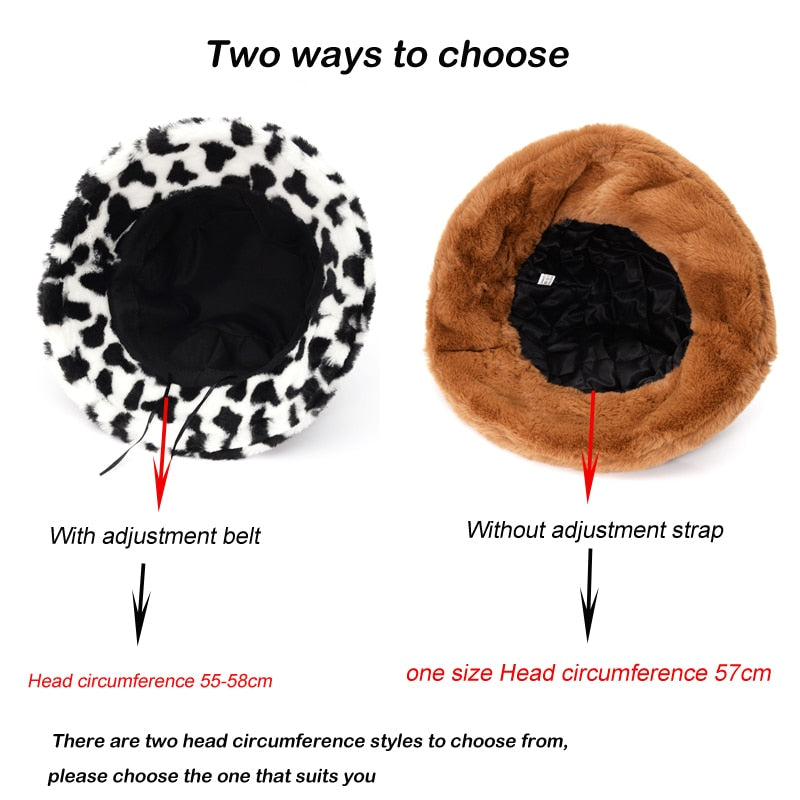 Winter Cow Leopard Faux Fur Fluffy Bucket Hats Women