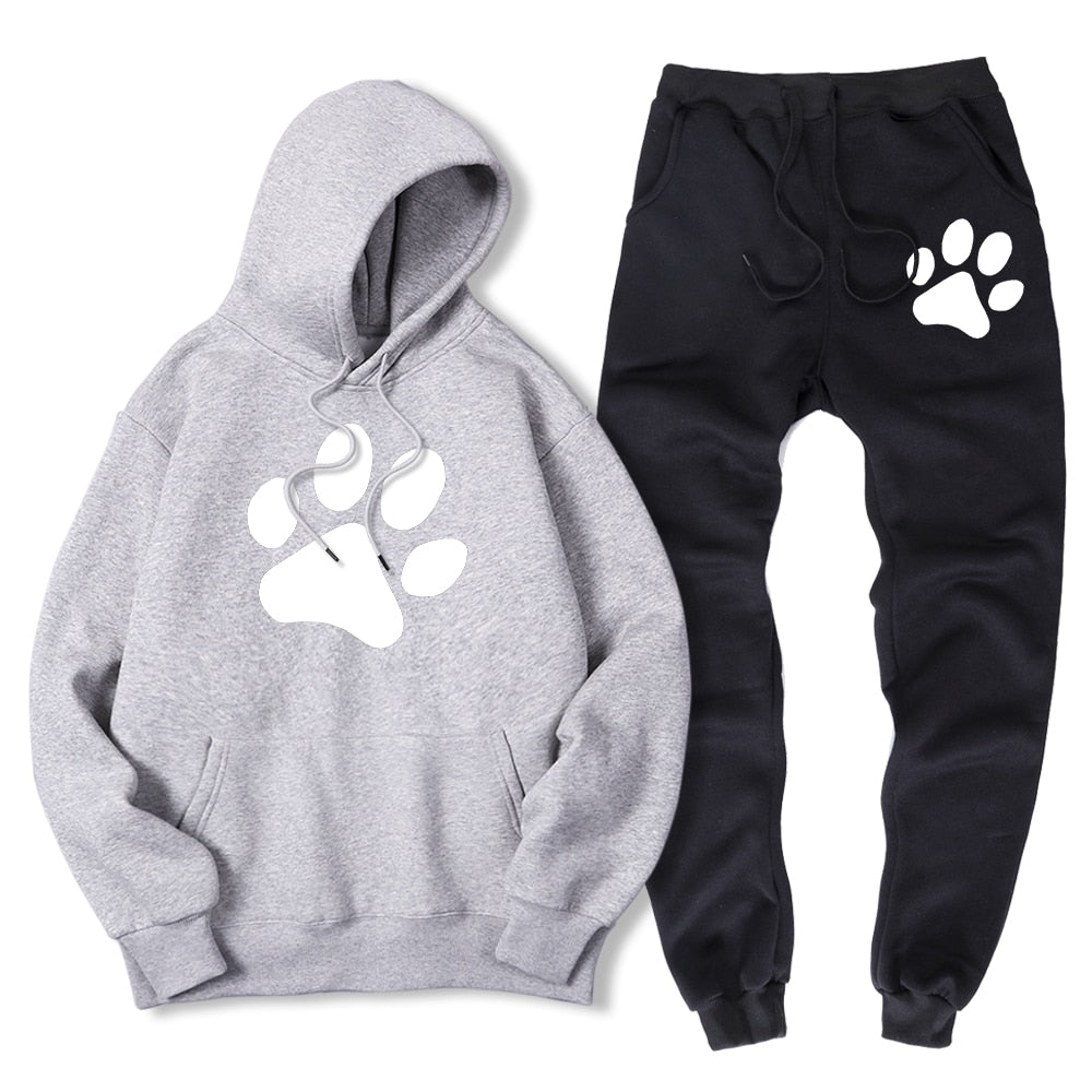 Kawaii Cartoon Dog Paw Print Men Sweatshirt + Sweatpant Winter Warm Fleece 2 Piece Sets Loose Oversize Sportswear Suit Male