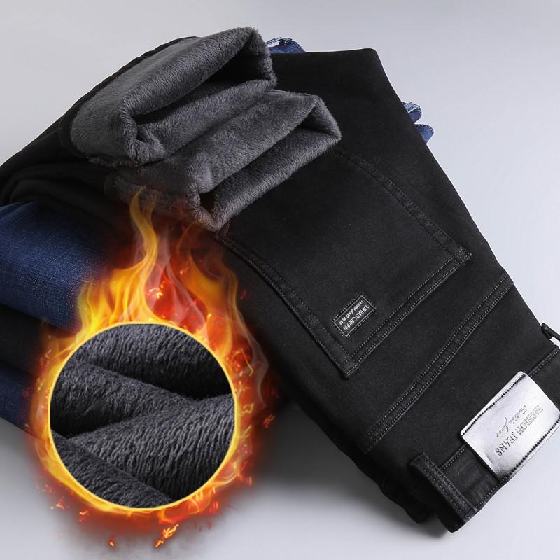 2022 Brand Autumn Winter Warm Flocking Denim Soft  Man Activities Fleece Line Men Jeans Black Blue Grey Colors