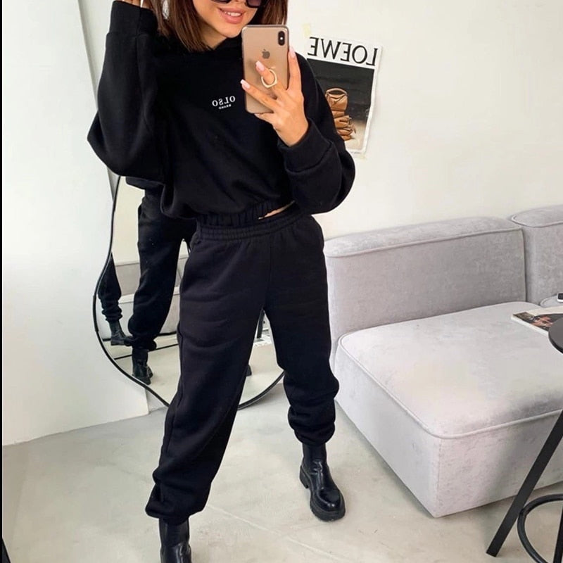 Warm Tracksuit Sports Women Two Piece Set 2022 Leisure Solid Long Sleeve Hooded Top Elastic Waist Pant Woman Winter Suit Jogging