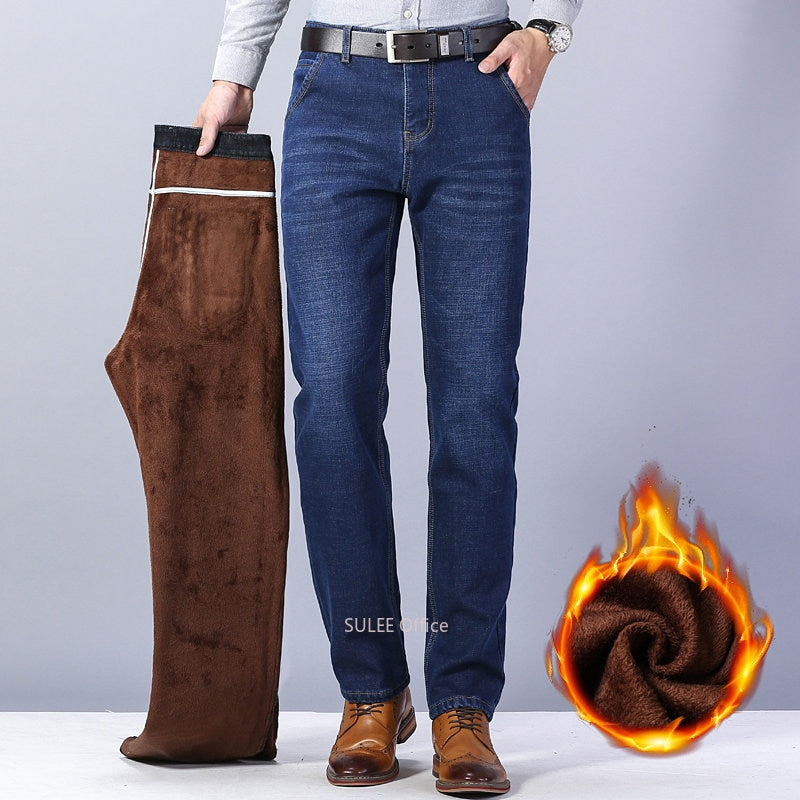 2022 Brand Autumn Winter Warm Flocking Denim Soft  Man Activities Fleece Line Men Jeans Black Blue Grey Colors