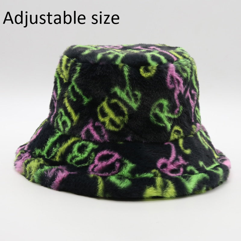 Winter Cow Leopard Faux Fur Fluffy Bucket Hats Women