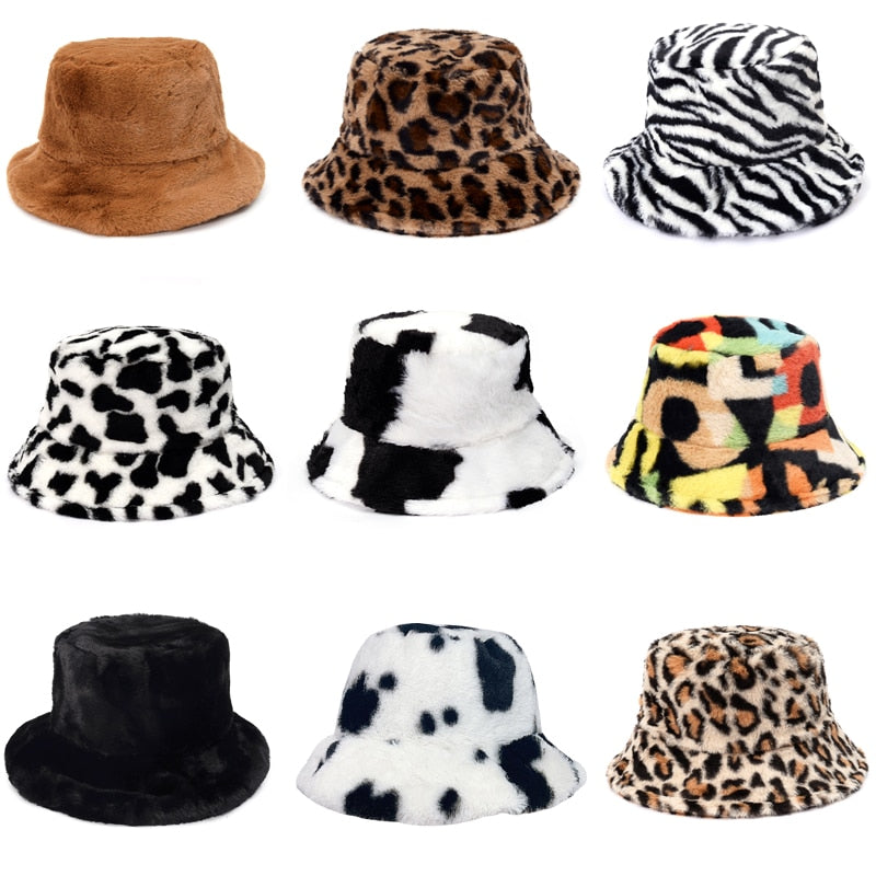 Winter Cow Leopard Faux Fur Fluffy Bucket Hats Women