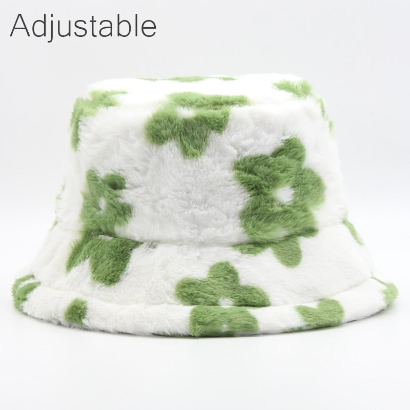 Winter Cow Leopard Faux Fur Fluffy Bucket Hats Women