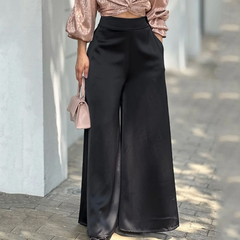 Wefads Women Two Piece Set Fashion Lapel V Neck Flare Long Sleeve High Waist Pleated Top Loose Wide Legs Pants Sets Streetwear