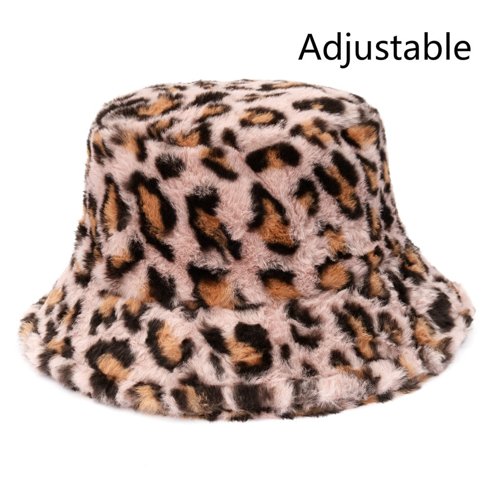 Winter Cow Leopard Faux Fur Fluffy Bucket Hats Women