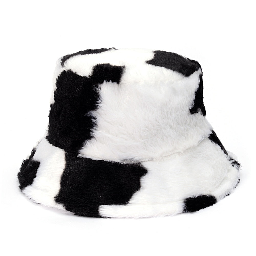 Winter Cow Leopard Faux Fur Fluffy Bucket Hats Women