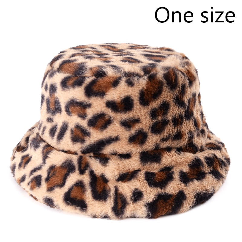 Winter Cow Leopard Faux Fur Fluffy Bucket Hats Women