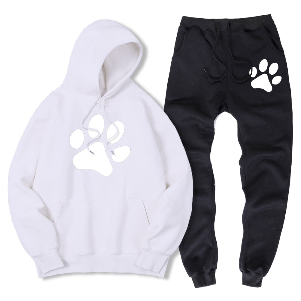 Kawaii Cartoon Dog Paw Print Men Sweatshirt + Sweatpant Winter Warm Fleece 2 Piece Sets Loose Oversize Sportswear Suit Male