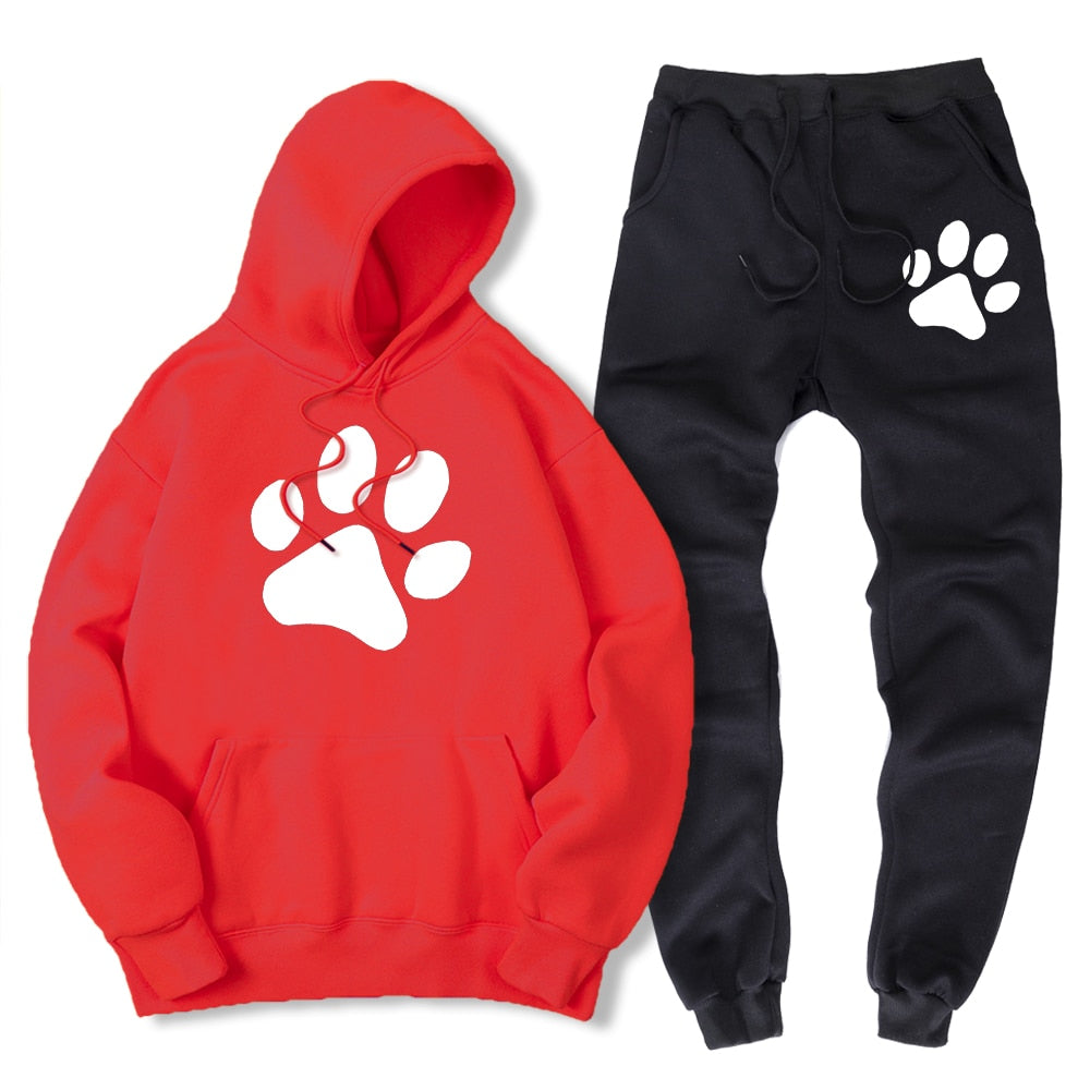 Kawaii Cartoon Dog Paw Print Men Sweatshirt + Sweatpant Winter Warm Fleece 2 Piece Sets Loose Oversize Sportswear Suit Male