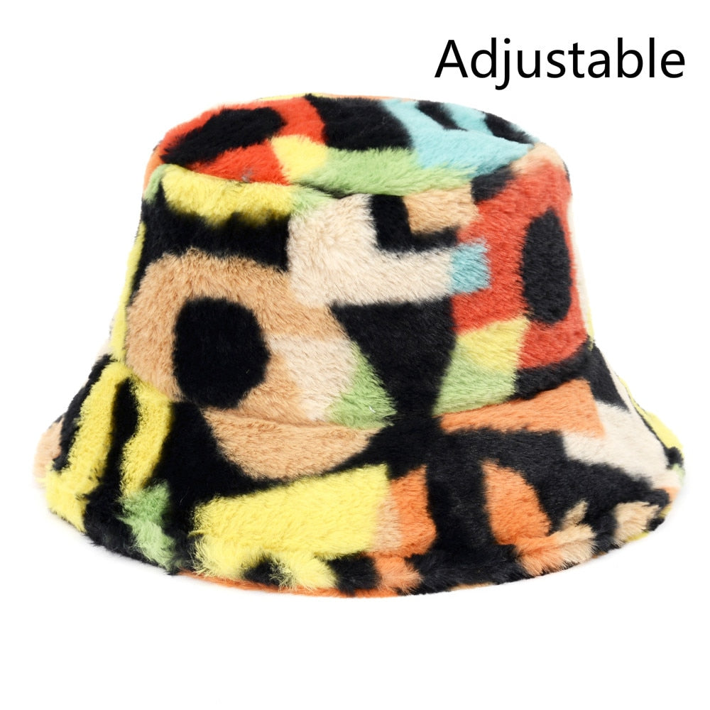 Winter Cow Leopard Faux Fur Fluffy Bucket Hats Women