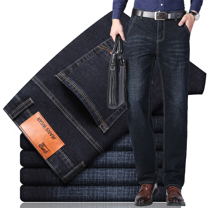 New Men's Fashion Business Casual Stretch Slim Jeans Classic Trousers Denim Pants Male Black Blue