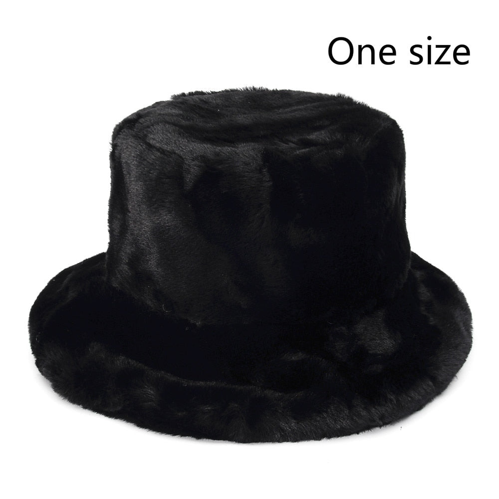 Winter Cow Leopard Faux Fur Fluffy Bucket Hats Women