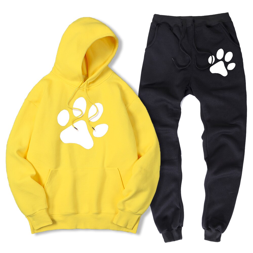 Kawaii Cartoon Dog Paw Print Men Sweatshirt + Sweatpant Winter Warm Fleece 2 Piece Sets Loose Oversize Sportswear Suit Male