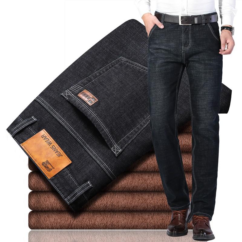 2022 Brand Autumn Winter Warm Flocking Denim Soft  Man Activities Fleece Line Men Jeans Black Blue Grey Colors