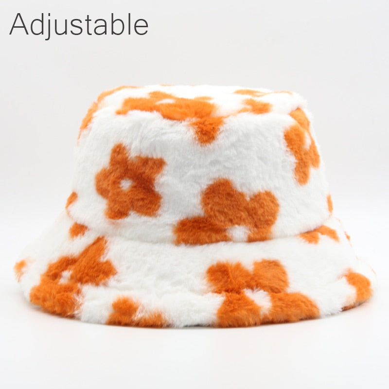 Winter Cow Leopard Faux Fur Fluffy Bucket Hats Women