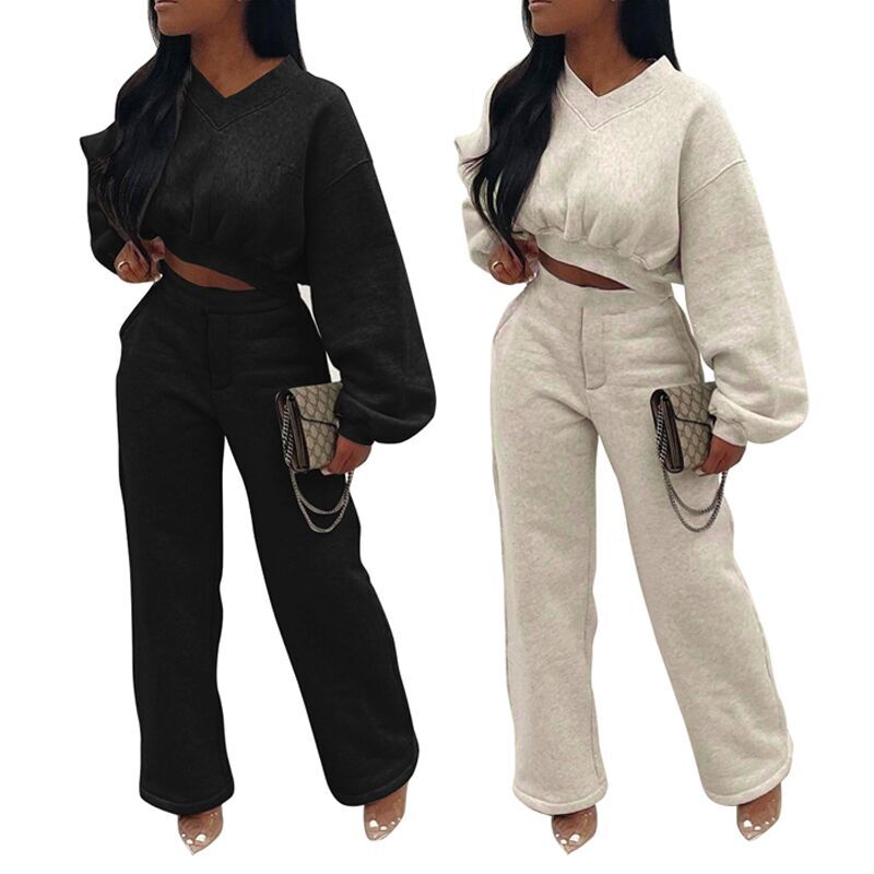 Casaul Women Tracksuit Two Piece Set Shirt + Long Pants Solid Color Pulf Sleeve Streetwear Clothes For Women Winter