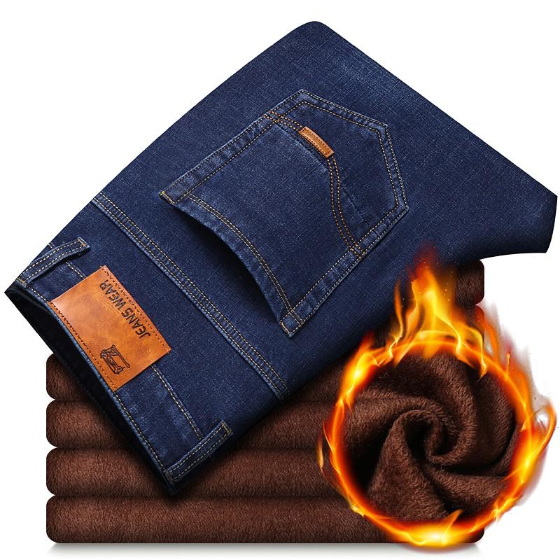 2022 Brand Autumn Winter Warm Flocking Denim Soft  Man Activities Fleece Line Men Jeans Black Blue Grey Colors