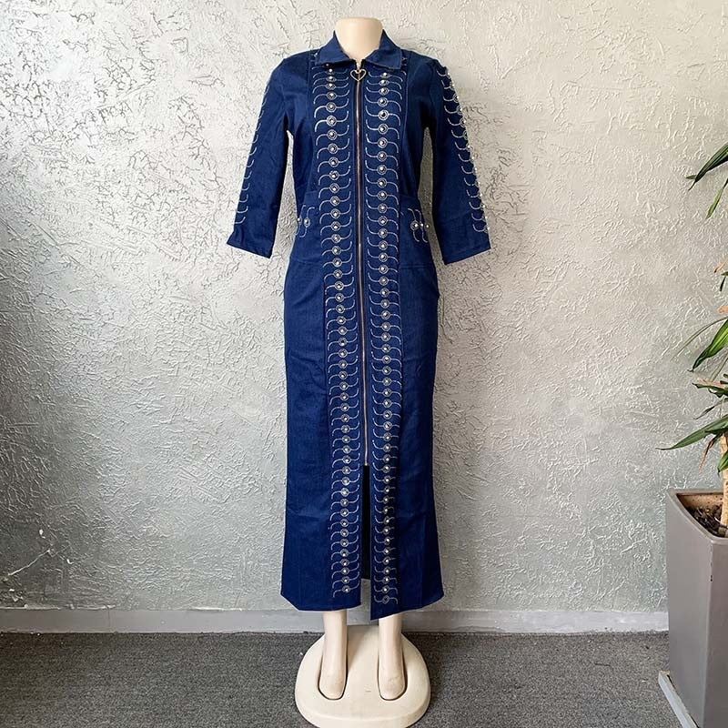 Denim African Dresses for Women 2022 Dashiki Diamond Plus Size African Clothes Long Sleeve Evening Party Dress Abaya Boubou Robe