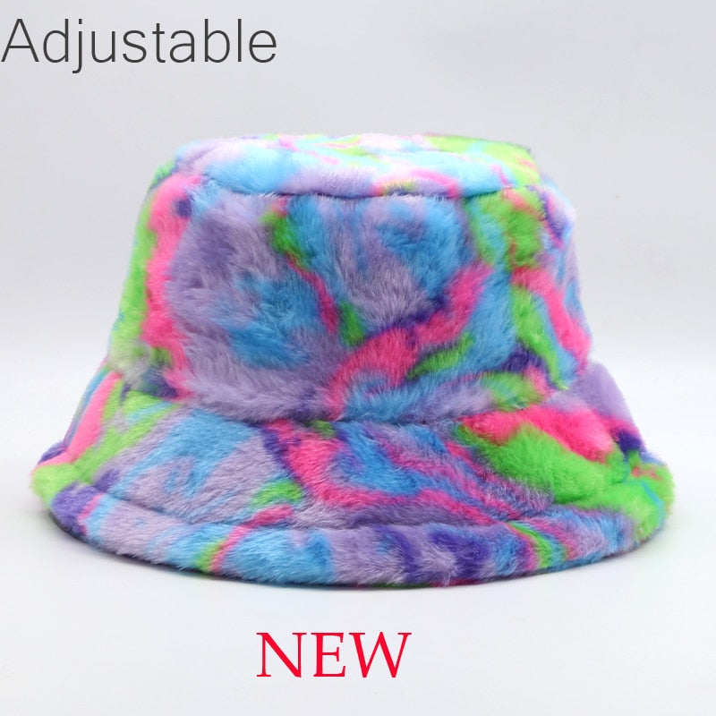 Winter Cow Leopard Faux Fur Fluffy Bucket Hats Women