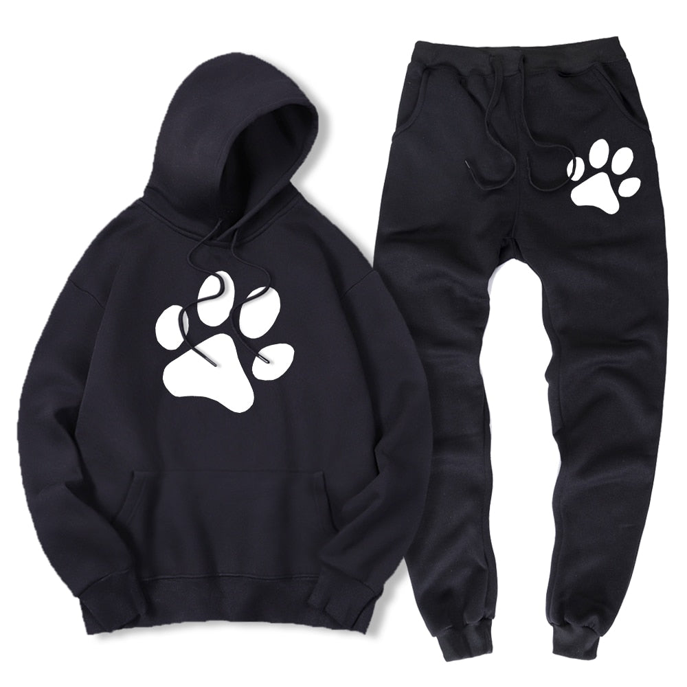 Kawaii Cartoon Dog Paw Print Men Sweatshirt + Sweatpant Winter Warm Fleece 2 Piece Sets Loose Oversize Sportswear Suit Male