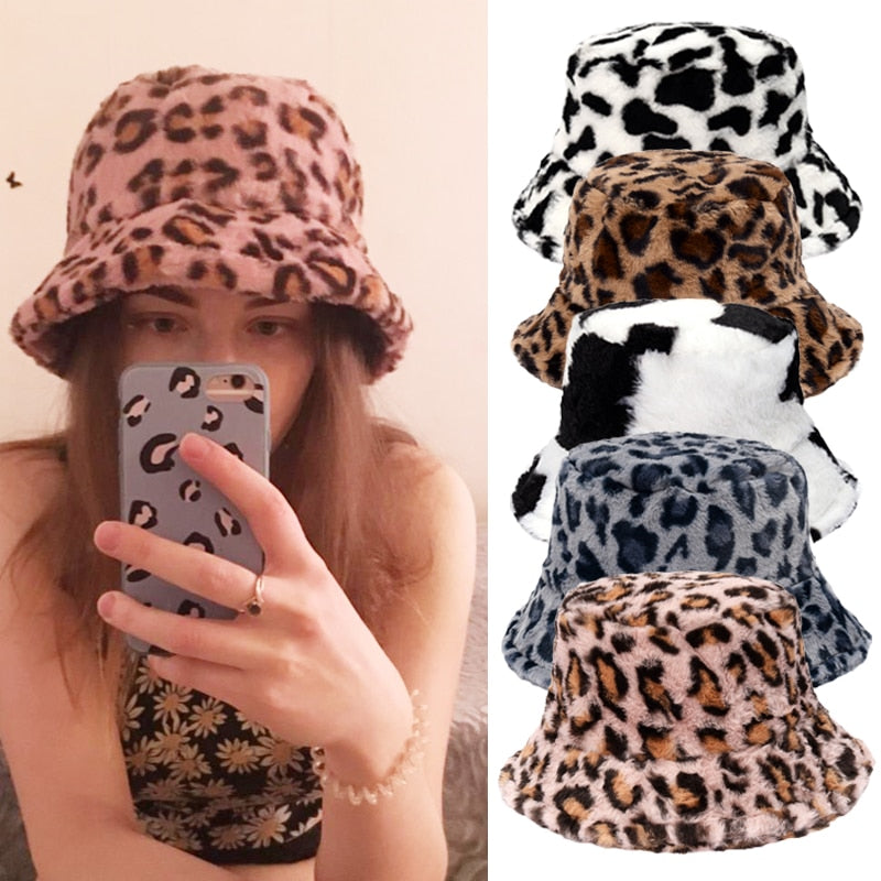 Winter Cow Leopard Faux Fur Fluffy Bucket Hats Women